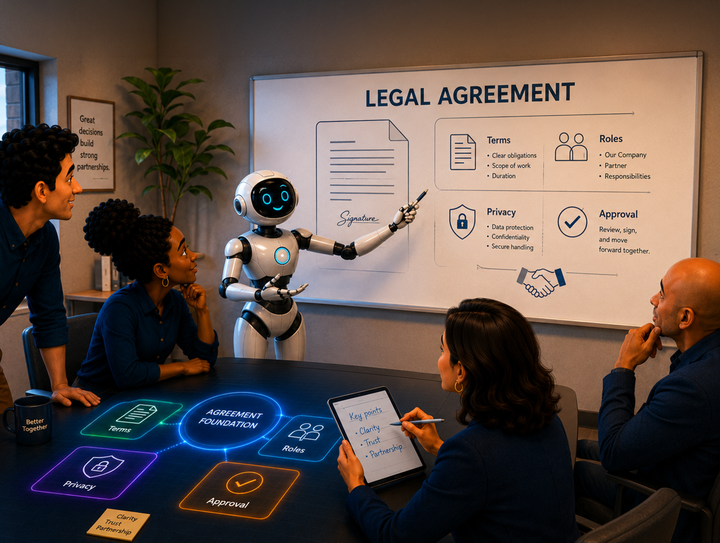 FreeThought robot gives a presentation on terms & conditions. 